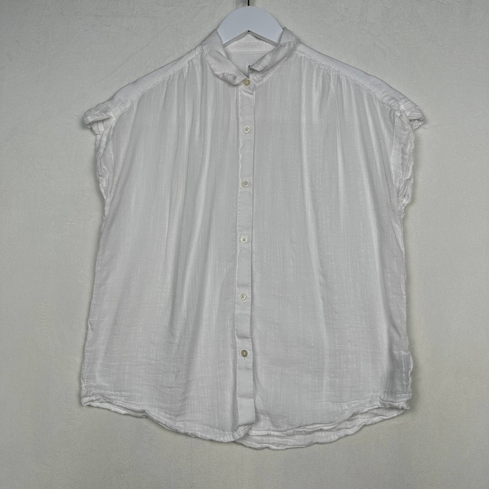Gap Women's Sz S White Short Sleeve Collared Button Down Blouse Top Cotton Blend